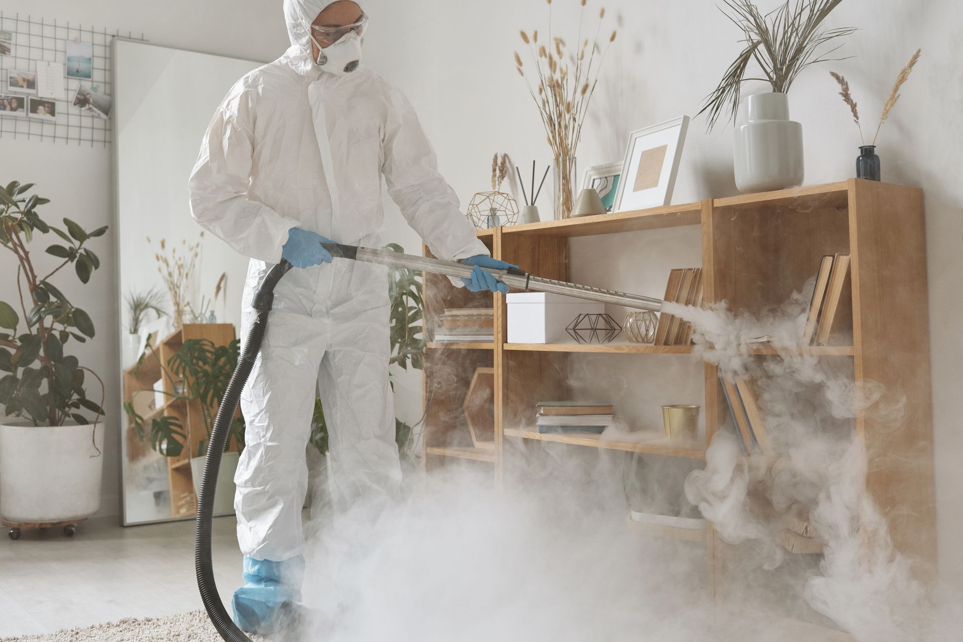 Fogging disinfektan ruangan profesional untuk menghilangkan kuman dan virus.